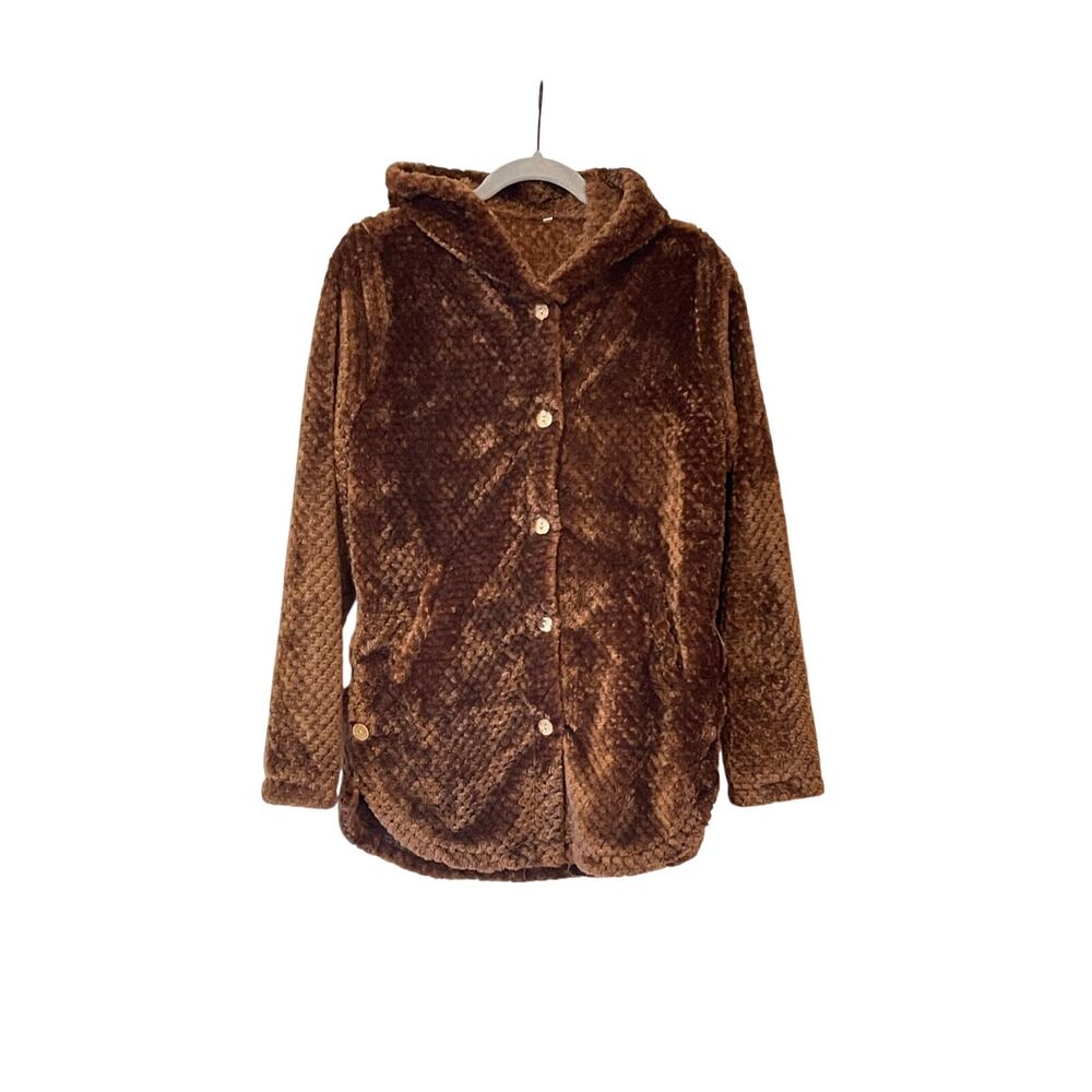 Brown Coffee Soft Cozy Fluffy Button-down Hoodie-Jacket Small